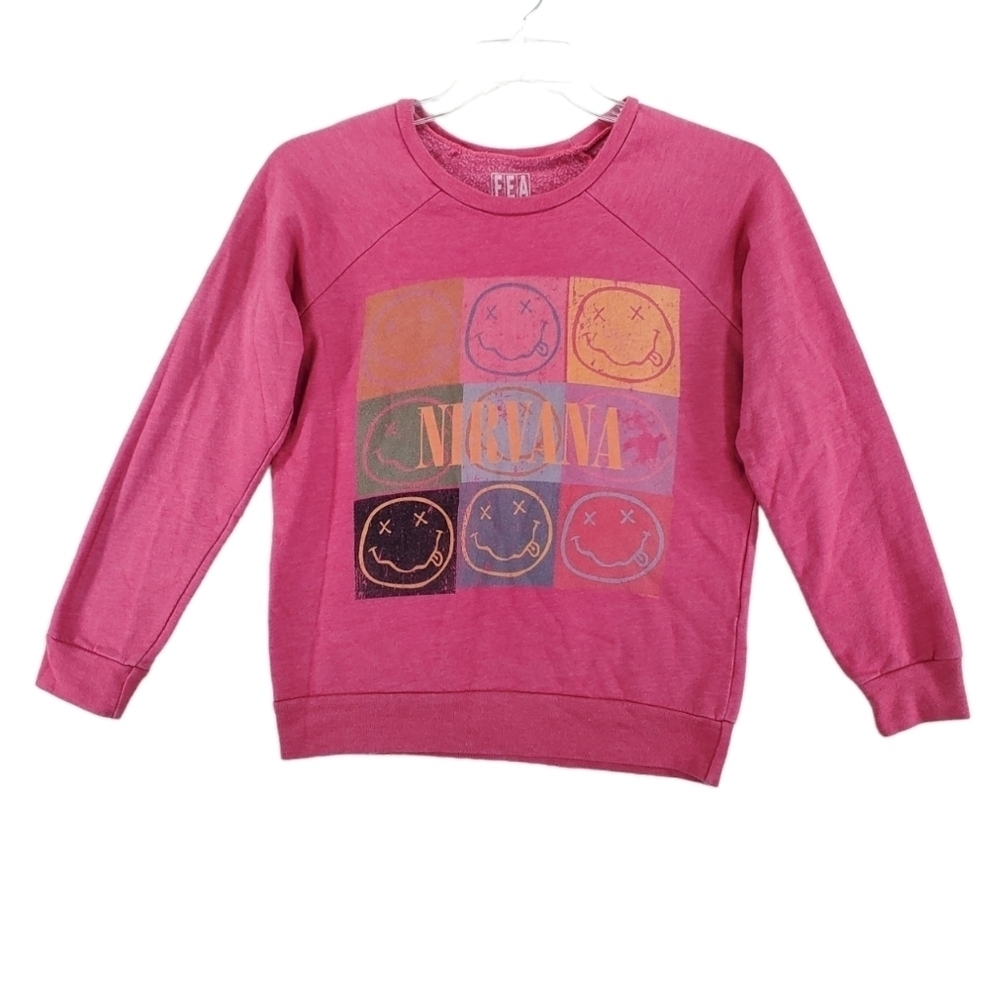 VTG Nirvana Sweatshirt Womens S Dark Mauve Pink Fleece USA Made Smiley Faces